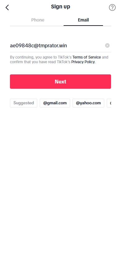Pegar dirección de correo electrónico temporal - TikTok