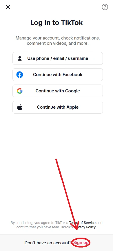 Botón de registro de TikTok - Página de inicio de sesión de TikTok